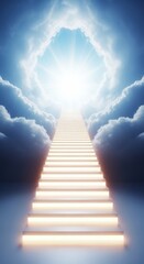 Mystical stairway ascending to heaven with bright light and clouds