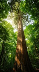Majestic tall tree with sunlight filtering through dense forest canopy