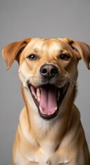 Happy yellow labrador with mouth open, smiling at the camera