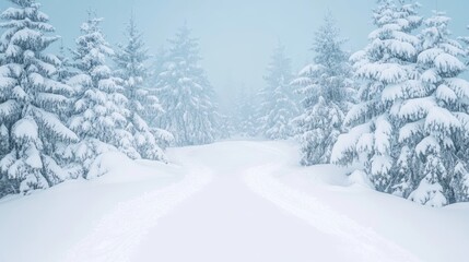 Obraz premium Serenity Unveiled A Snowy Pathway Through Winter Woodlands, Inviting Peaceful Exploration and Calm