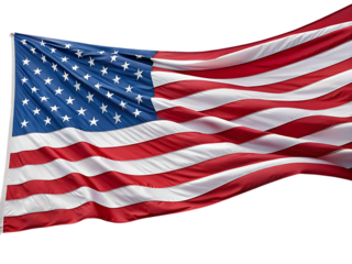 Close up of united states of america flag with stars and stripes waving in the wind against white sky