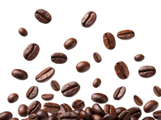 Obraz premium A close up shot of many brown coffee beans falling down on a white background in a studio setting