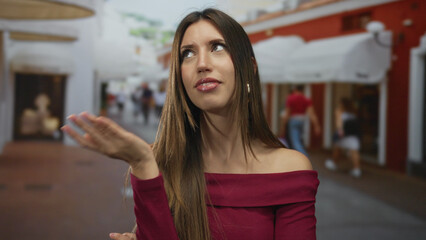 Young woman shows bare shoulder in a burgundy off shoulder top while gesturing with hand in front...