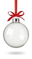 Transparent christmas ornament with red ribbon isolated on white background