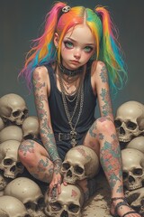 Ai giovane ragazza seduta su di un mucchio di teschi 01