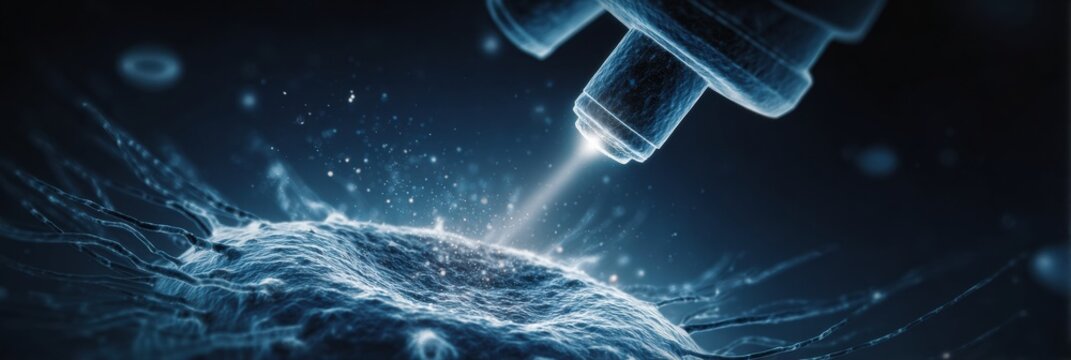 A laboratory microscope illuminates a cell structure with a focused light beam, showcasing intricate details of biological research in progress.
