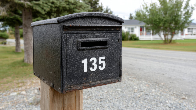 Black mailbox with number 135 on a rural gravel road.
