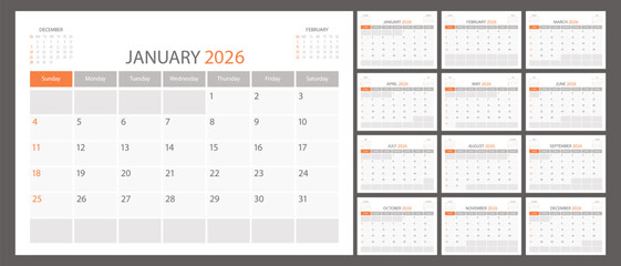 Calendar planner 2026 year, schedule month calender, American organizer template. Week starts on Sunday. Business personal page. Modern simple dairy for USA. Vector illustration