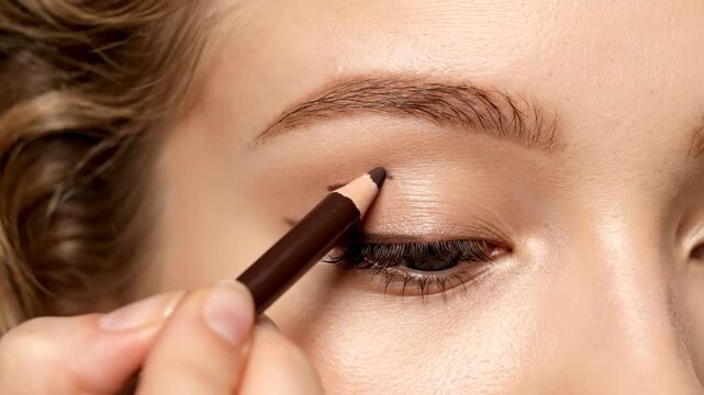 Applying Eyeliner to the Eyelid With Dark Brown Pencil for Daily Eye Makeup at Home