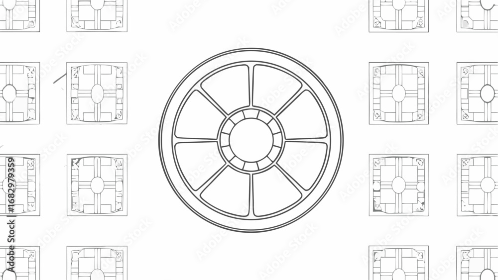 Wall mural Illustration showing a circular design with radial segments surrounded by repeating square motifs pattern