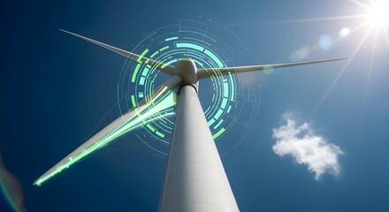 Wind turbine generating clean energy against a bright, sunny blue sky with digital elements.