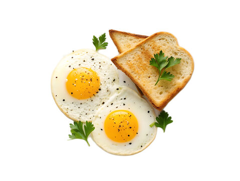 A top view of a plate with two fried eggs toast and parsley on a white background for breakfast meal