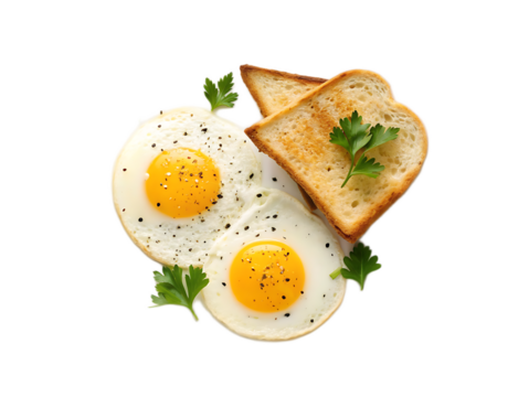 A top view of a plate with two fried eggs toast and parsley on a white background for breakfast meal