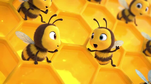 Cute animated bees in golden honeycomb cells - Powered by Adobe