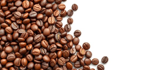 Close-up of roasted coffee beans isolated on white ,  natural aroma,   banner template