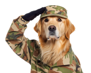 A golden retriever dog wearing a camouflage military uniform and saluting on a white background studio shot