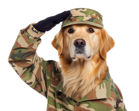 A golden retriever dog wearing a camouflage military uniform and saluting on a white background studio shot
