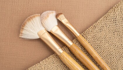 Three makeup brushes with golden handles rest on burlap against a solid brown backdrop, angled for a clean and minimalist composition