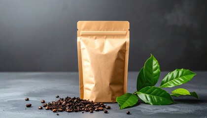 Brown paper pouch with coffee beans and verdant green leaves sits on a mottled grey surface against a darker background
