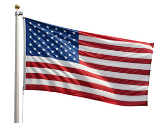 Fototapeta premium A us flag with stars and stripes blowing in the wind attached to a metal flagpole on a white background