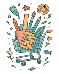 Colorful shopping cart filled with school and art supplies – pencils, brushes, notebooks, paints. Bright and cheerful vector illustration for education, studio or creative workshop themes.