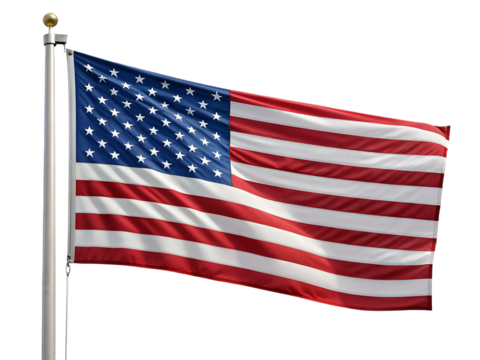 A us flag with stars and stripes blowing in the wind attached to a metal flagpole on a white background