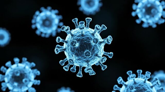 Bluetoned virus cells with distinct spikes against a stark black backdrop