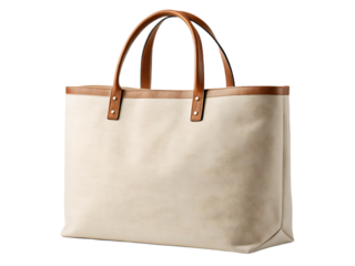 A simple cream colored tote bag with brown leather trim and handles on a white background studio shot