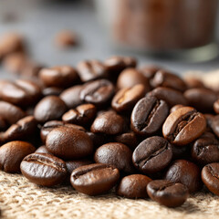 Naklejka premium Close-up of roasted coffee beans on burlap background.
