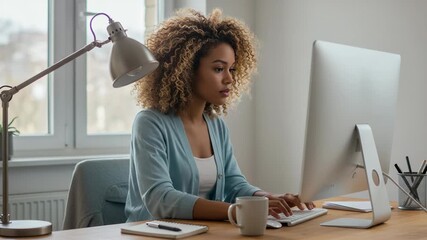 Woman working on computer at desk in home office - Powered by Adobe