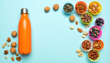 Healthy snacks and a reusable bottle on a light blue surface, arranged artfully. Brightly colored silicone cups hold nuts and berries. Negative space