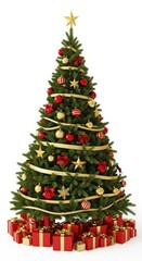 Decorated christmas tree with red ornaments and wrapped gifts underneath