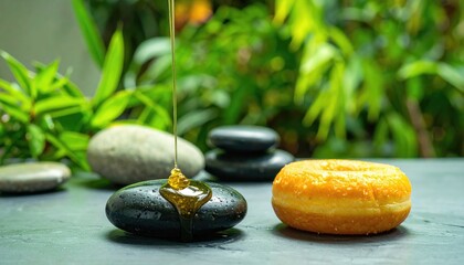 Honey is poured onto a smooth, dark stone next to a sugared donut, set against a blurred backdrop of vibrant, leafy green plants