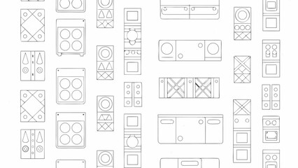 A repeating pattern of abstract geometric shapes in black outlines on a white background design layout