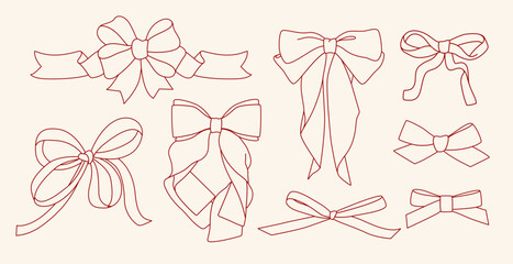 Сollection of flat contour ribbon bows doodle hand drawn icon, element. Outline drawing Christmas bow for gift wrapping, frame, present. Сlipart on white background. Isolated Vector EPS10