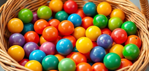 Obraz premium Colorful balls in a matching-color basket; a children's game, yellow, colorful balls