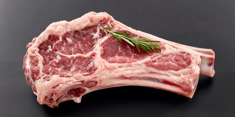 Entrecote Bone-in and Marbled Lamb Tomahawk Steak Ready for Cooking on Dark Background, Close-up
