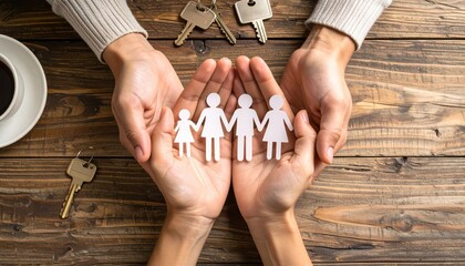 Human hands protect a family of paper cutouts on wooden table, alongside coffee and keys, suggesting safety, home, and family