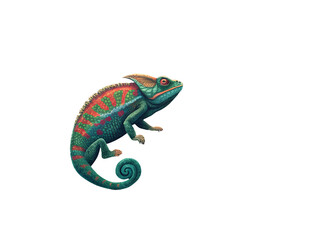 Fototapeta premium Detailed illustration of a colorful chameleon with red and green patterns on black reptile lizard