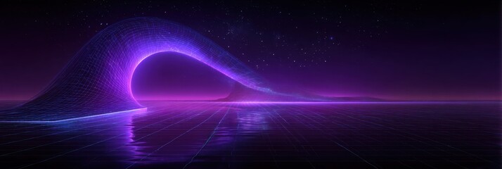 Fototapeta premium A stunning futuristic landscape features a glowing purple wave arching gracefully against a starry night sky, mirrored in a tranquil water surface.