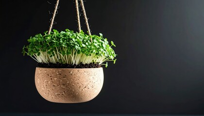 Hanging cork pot filled with vibrant green sprouts suspended against a dark background, radiating a sense of natural freshness and delicate growth