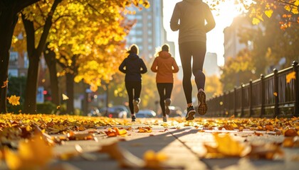 Three figures jog away on an autumn city sidewalk covered in fallen leaves, with vibrant golden trees and buildings blurred in the background