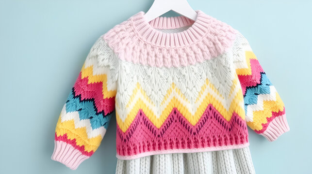 Girls Chevron Pointelle Knitted Sweater with round crew neck. Colorful Color Block Striped Long Sleeve Knitted Dress Sweater. Round Neck Crochet Mini Dress sweater