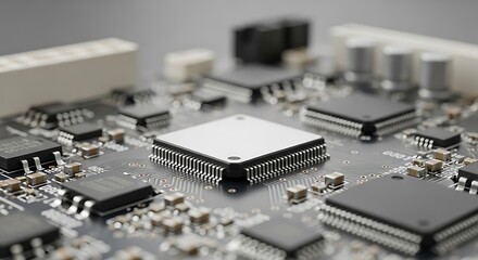 Illustration of closeup view of a computer motherboard with integrated circuits and processors