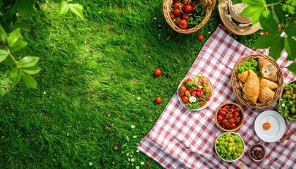 Overhead view of a sunny picnic on a green lawn with a red/white checkered blanket, surrounded by baskets and bowls of fruits, veggies, and bread