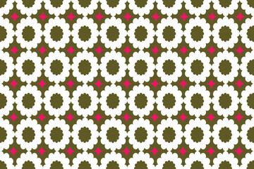 Seamless Geometric Floral Pattern with White Flowers and Pink Stars – Retro Decorative Design
