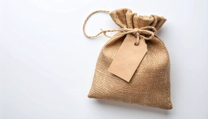 Burlap sack closed with twine and a cardboard tag, sitting on a clean white surface. Soft lighting highlights the texture