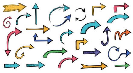 Colorful hand drawn arrows set in doodle style on white background