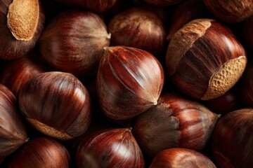 Obraz premium Top view of chestnuts in shell produce natural texture.
