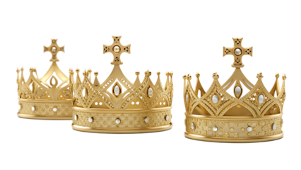 Three golden crowns with crosses on top sitting on a white surface in a studio setting